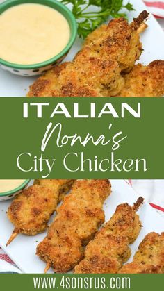 chicken nuggies on a plate with sauce and parsley in the background text reads italian mom's city chicken