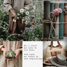 a collage of photos with flowers, books and a woman holding an old purse