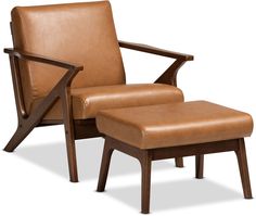 a brown leather chair and footstool on a white background with a wooden frame