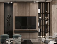 a modern living room with black and white furniture, wood paneled walls and flooring