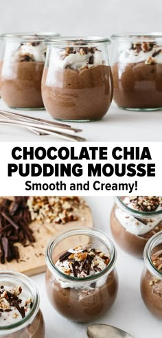 chocolate chia pudding mousse in small glass jars with spoons on the side