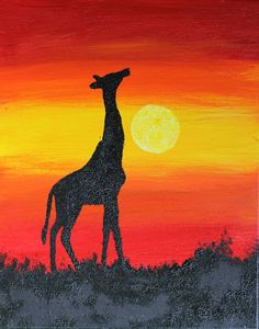 a painting of a giraffe standing in front of a sunset