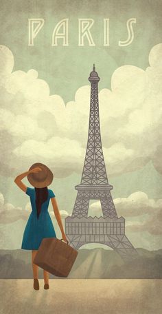 a woman with a suitcase in front of the eiffel tower, which reads'un sueno es algo que no de la puedes delar irr incluso '