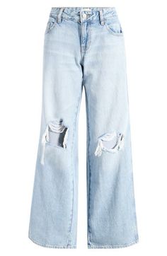 A baggy fit and slashed rips lend an edgier take on casual wide-leg jeans cut from nonstretch denim in a light wash. Zip fly with button closure Five-pocket style 100% cotton Machine wash, line dry Imported