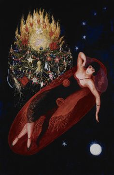 a painting of a woman laying on top of a bed next to a christmas tree