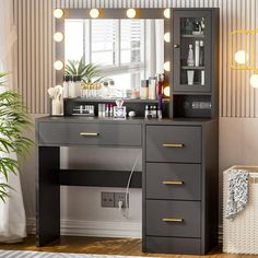 Product Description Multifunctional Dressing Table with Lighted Mirror & Large Storage Drawer Minimalist Design Bringing to Your Room A Touch of Modernity & Sophistication Four Ample Partitioned Storage Spaces Tempered Glass Door Protect articles from dust while making the storage clearly visible. Height of the shelves inside is adjustable. Large Drawer Large under-desk drawer for storing conveniently jewelry, cosmetics, makeup brushes, etc. Storage Shelves Open storage shelves provide a hand-reached place for daily used makeups and skincare. Smoothly Sliding Drawers Three high drawers for storing other things, such as curling irons, hair dryers, and other hair accessories. 2 Sockets + 2 Usb Ports Built-in Charging Station The power outlet on the side can not only avoid taking up desktop s Cabinet Charging Station, Glass Storage Cabinet, Dressing Table For Bedroom, Black Makeup Vanity, Modern Makeup Vanity, Makeup Vanity Desk, Desk With Drawer