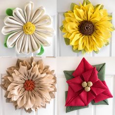 four different types of paper flowers hanging on the wall