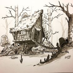 a drawing of a house in the woods with mushrooms and trees around it, surrounded by snow