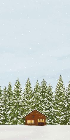 a cabin in the middle of a snow covered field with pine trees and blue sky