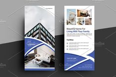 a blue and white business brochure with an image of a building on it