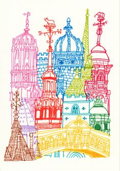 an image of colorful buildings in the city with spires and crosses painted on them