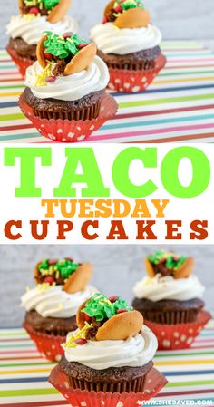 taco tuesday cupcakes with chocolate frosting and sprinkles on top