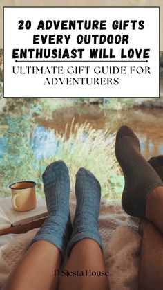 two people sitting on a bed with the title 20 adventure gifts every outdoor enthusiast will love ultimate gift guide for adventurers