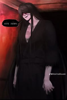 a drawing of a woman with long black hair and an evil look on her face