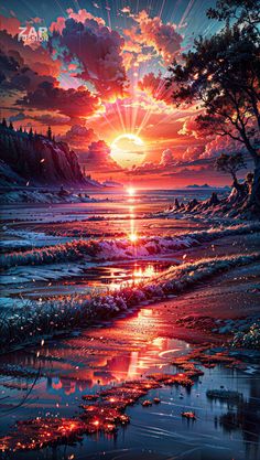 a painting of the sun setting over water