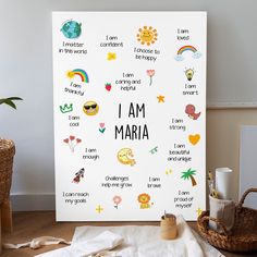 i am maraa poster on the floor next to some baskets and other things in front of it