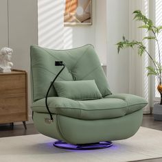 a green recliner chair sitting on top of a white rug