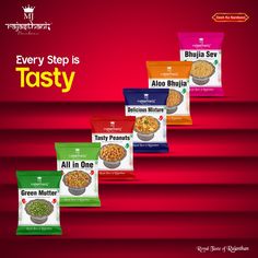 five bags of different types of food on red background with text that reads every step is tasty