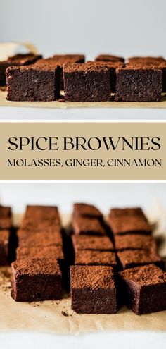 chocolate brownies on parchment paper with the words spice brownies molasss ginger cinnamon