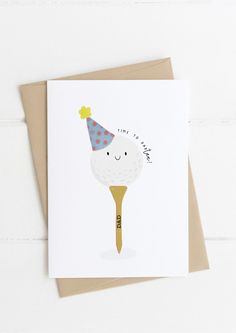 a birthday card with a golf ball wearing a party hat on it's head