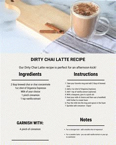 the recipe for dirty chai latte is shown in this image, with ingredients and instructions to make it