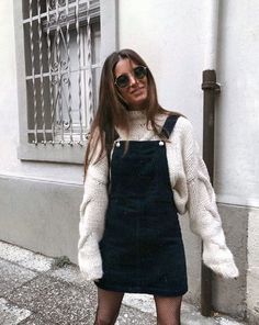 Sundress Winter Outfits, Black Overall Dress, Dresses And Tights, White Cable Knit Sweater, Outfit Inspiration Women, Jeans Overall, Denim Overall Dress, Transition Outfits, Mode Inspo