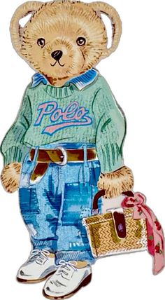 a drawing of a teddy bear wearing a green shirt and blue jeans holding a bag