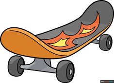 a cartoon skateboard with flames on the bottom and wheels, as if it's going