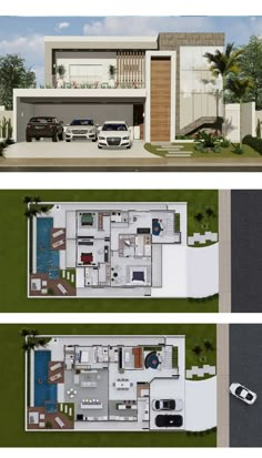 three different views of a house with cars parked in the driveway and on the ground