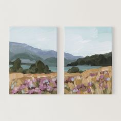 ’Paradise’ Diptych Art Print || Set of 2 - Stretched Canvas / 8x10 in / No Frame Split Canvas Painting Ideas, Diptych Wall Art, Colorful Scenery, Diptych Art, Landscape Art Prints, Mountain Art Print, Mountain Wall, Parade Of Homes, Mountain Wall Art