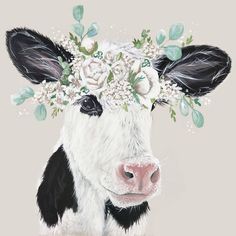 a black and white cow wearing a flower crown