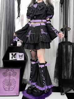 Korean Crop Tops, Kuromi Outfit, Mini Skirt Party, Gothic Y2k, Estilo Harajuku, Y2k Skirt, Japanese Kawaii