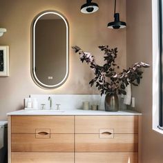 a bathroom with a sink, mirror and plant in the corner on the counter top