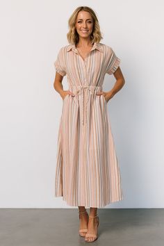 Carole Midi Dress | Multi Stripe Casual Striped V-neck Midi Dress, Casual Striped Midi Dress For Fall, Striped Short Sleeve Dresses For Fall, Striped Short Sleeve Fall Dresses, Hunter Green Maxi Dress, Classic Linen Dress, Striped Linen Dress, Burgundy Maxi Dress, Baltic Born