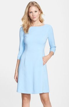 Free shipping and returns on Vince Camuto Crepe A-Line Dress (Regular & Petite) at Nordstrom.com. Smooth crepe is fashioned into an essential dress cut with an elegant bateau neckline, three-quarter sleeves and a subtlety flared silhouette. Light Blue Dress, Wedding Dress With Pockets, Essential Dress, Dropwaist Dress, Work Wardrobe, Dress Cuts, Work Attire, Office Fashion