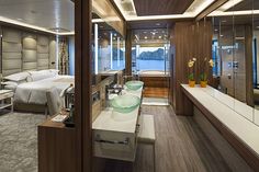 there is a large bathroom on the inside of a boat