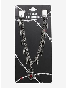 Social Collision Spider Spike Charm Necklace | Hot Topic Rock Band Costumes, Band Costumes, Alt Style Outfit, Boy Jewelry, Kitty Room, Hello Kitty Room Decor, Edgy Necklace, Hello Kitty Rooms, Edgy Accessories