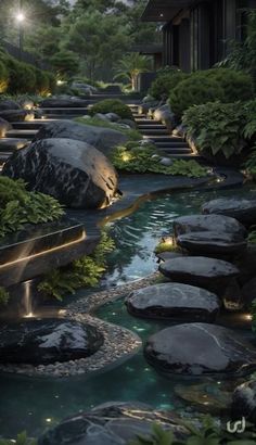 an outdoor garden with rocks and water features lighting up the landscape at night, along with lights that illuminate natural light