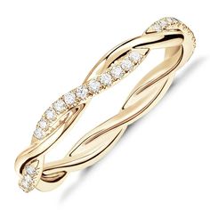 a yellow gold wedding ring with diamonds on the sides and an intertwined design in the middle