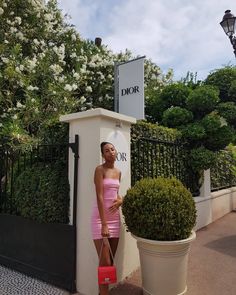 a woman in a pink dress standing next to a potted plant and holding a red purse