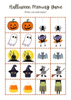 halloween memory game with pumpkins, bats and witches on the grid for kids to play