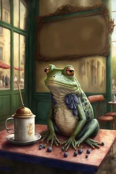 a frog sitting at a table with a coffee cup