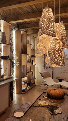 a wooden table topped with lots of lights hanging from it's ceiling and shelves