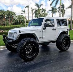 a white jeep parked on the side of a road next to palm trees and water