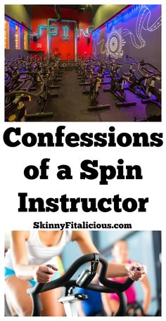 an indoor gym with spinning machines and text that reads, confessionss of a spin instructor