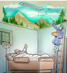 a person on a ladder reaching up to the ceiling above a bed with an airplane painted on it