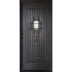 the front door is made from wood and has an iron grill design on it's side