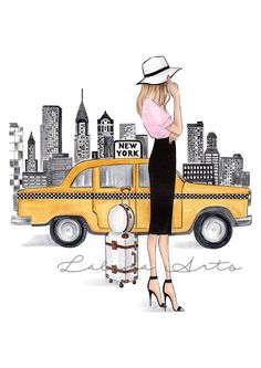 a woman standing in front of a taxi cab with the new york city skyline behind her