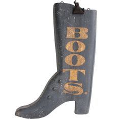 an old boot with the word boo on it is hanging from a hook in front of a white background