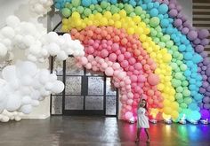 Rainbow Balloon Wall, Small Rainbow Balloon Arch, Rainbow Balloon Arch With Clouds, Pastel Rainbow Balloon Arch Table, Unicorn Rainbow Balloons, Graduation Party Pictures, Rainbow Party Decorations, 1st Birthday Girl Decorations